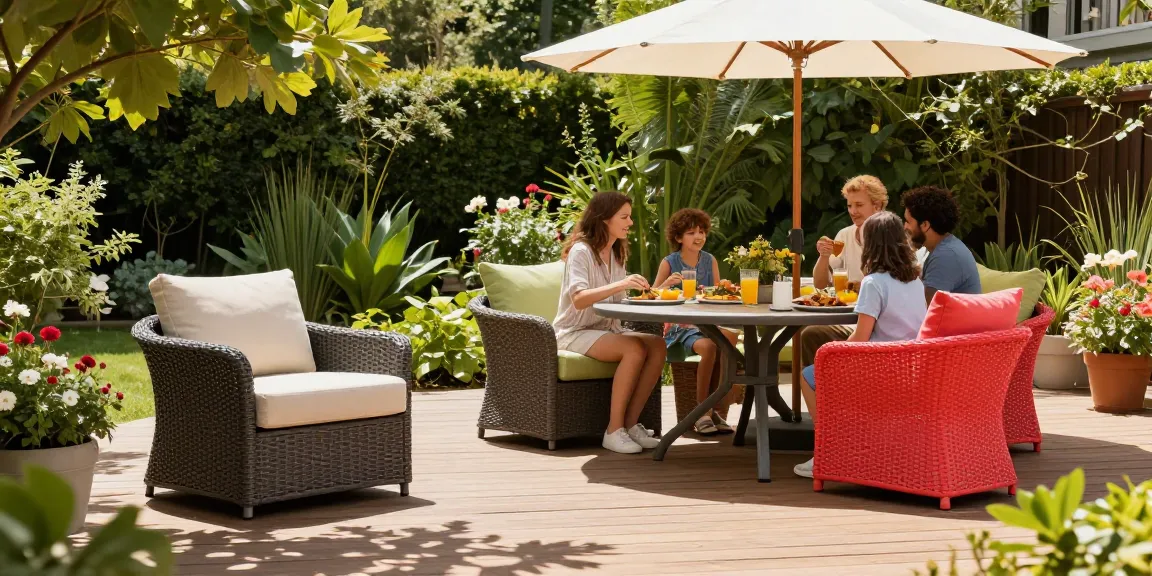 Affordable patio furniture with vibrant dining set and stylish lounge chairs in a sunny outdoor setting.