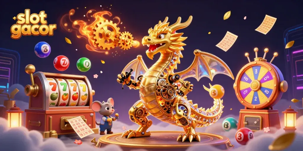 Bermain slot gacor sambil menikmati pengalaman kasino yang meriah dengan naga emas dan mesin slot.