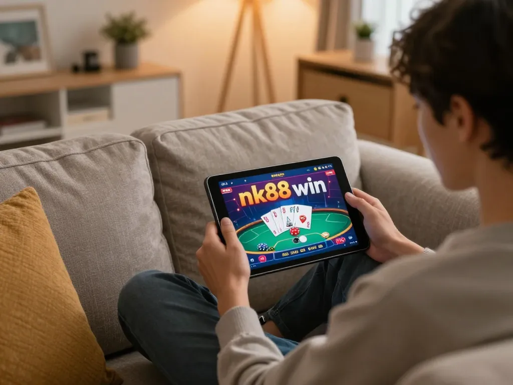 Player interacting with nk88 win poker interface on tablet in a cozy home setting
