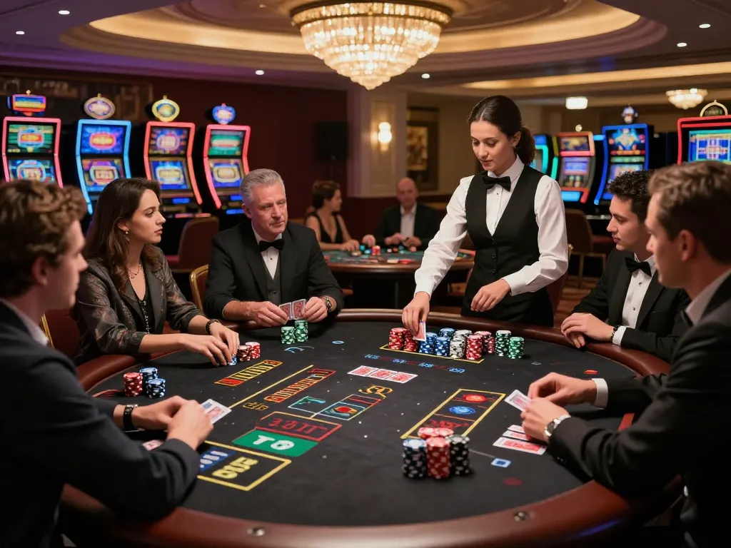 Players at a blackjack table in a luxurious casino environment engage with du88 strategies and high stakes, creating excitement.