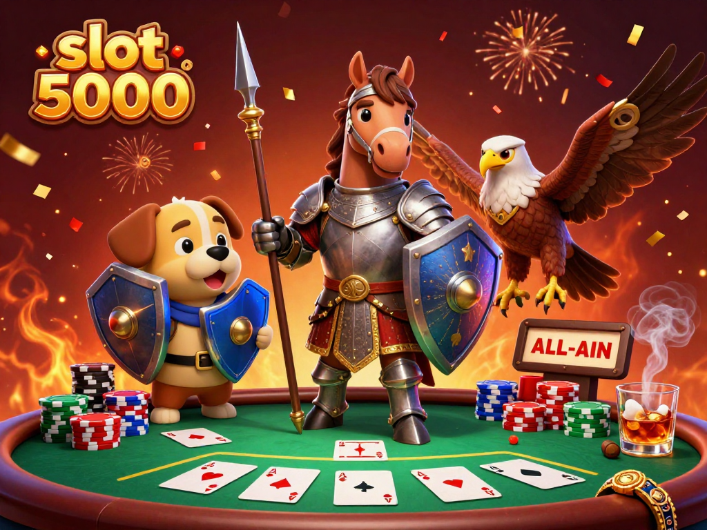 Experience the thrill of slot 5000 with 3D cartoon characters in a rich gambling scene.