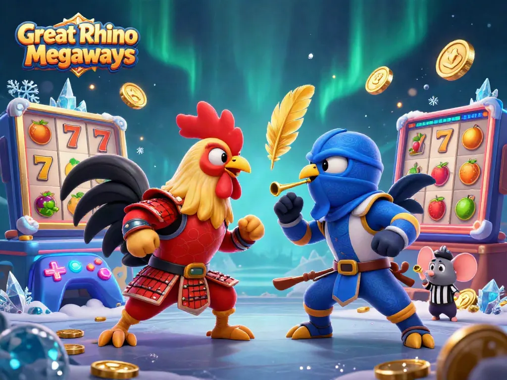 Engage in the Great Rhino Megaways adventure with dynamic roosters and vibrant casino elements.