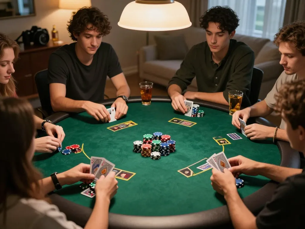 rokok88 poker night with friends around table, Texas Hold'em game in action, warm lighting ambiance