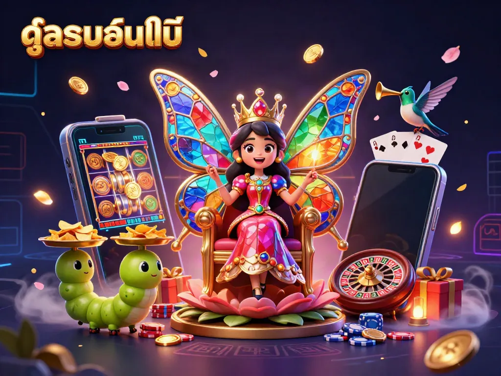 Experience ดูบอลออนไลน์ with a vibrant 3D immersive illustration featuring a butterfly queen and gaming elements.