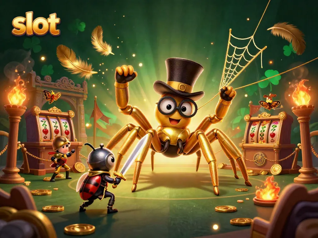 Slot yang memukau dengan laba-laba emas dan ksatria kecil di arena bertarung.