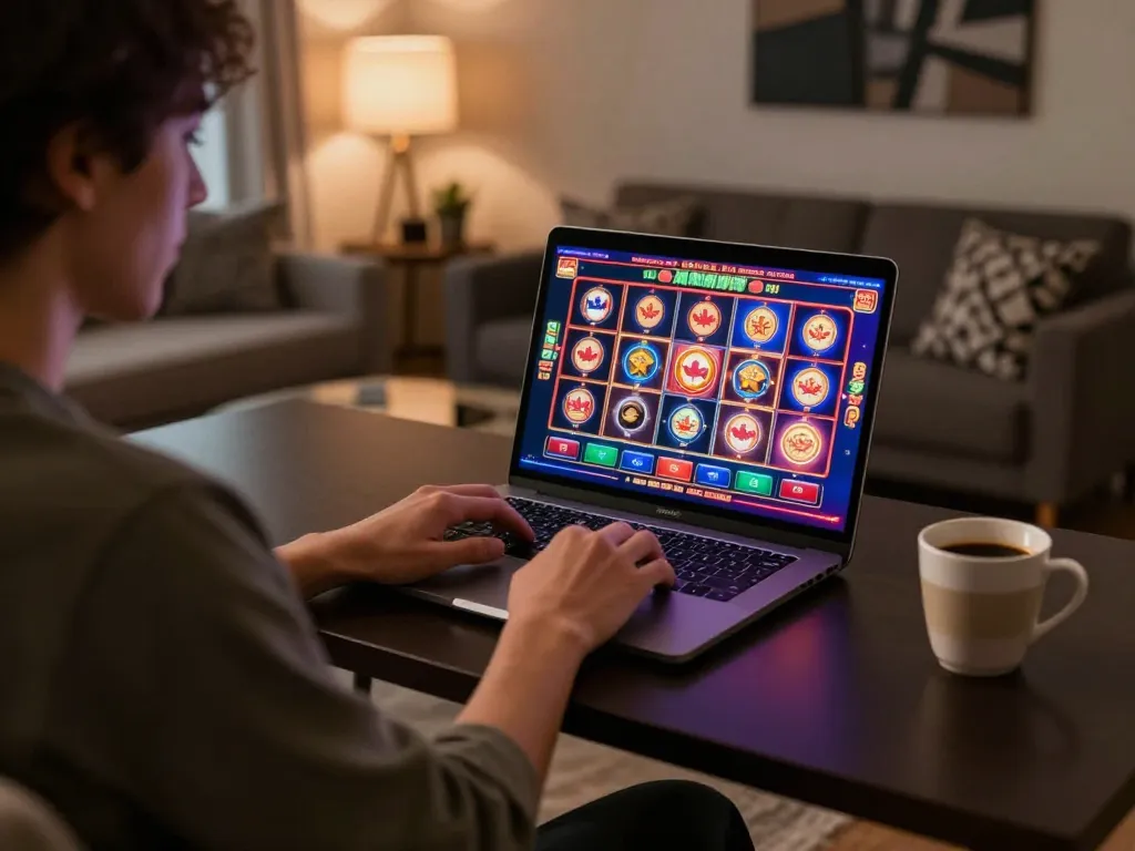 Enjoying online casinos in Canada with vibrant gameplay on a laptop in a cozy home setting