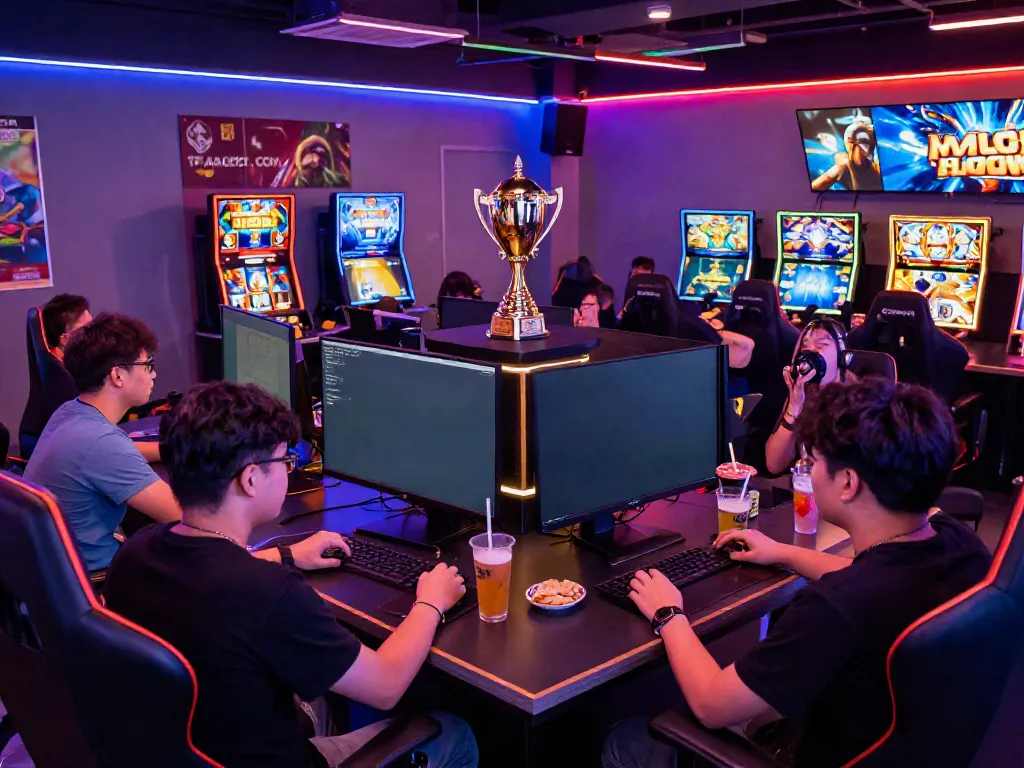 Exciting scene of friends enjoying a slot gaming tournament in a vibrant esports lounge atmosphere.