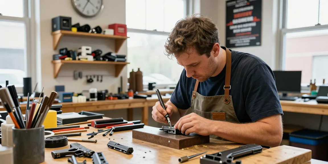 Gunsmith working on precision custom Glock slides at https://precisionglockslides.com with tools and parts scattered on the workbench.