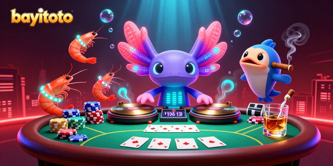 Experience the excitement of bayitoto as the DJ axolotl spins records amidst a vibrant casino scene full of gaming elements.