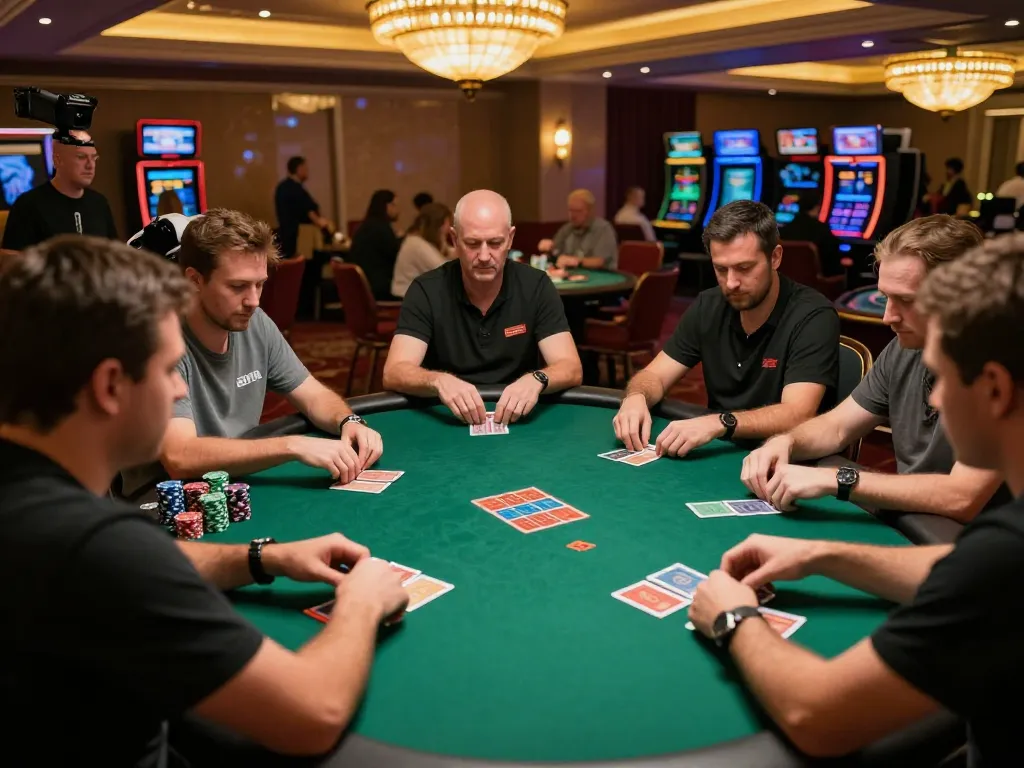 Engaged players strategizing at a poker table in a luxurious casino, showcasing five88g gaming excitement