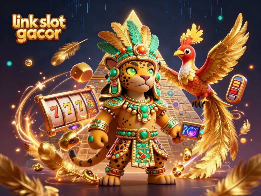 Slot gacor dengan reels dan simbol keberuntungan dalam ilustrasi diceritakan oleh jaguar Mayan dan burung quetzal.