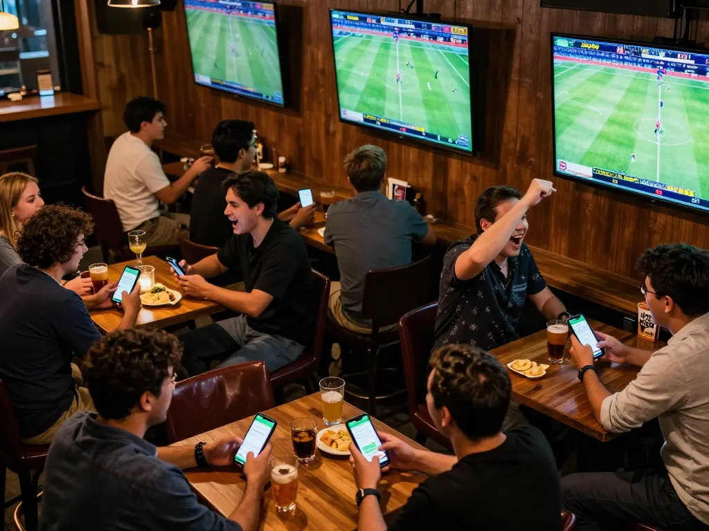 Patrons eagerly placing bets using the tylekeonhacai88 app during a sports event at a lively bar.