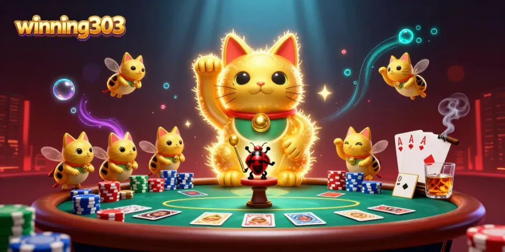 Engage with winning303's rich gaming scene featuring vibrant casino symbols and interactive gameplay.