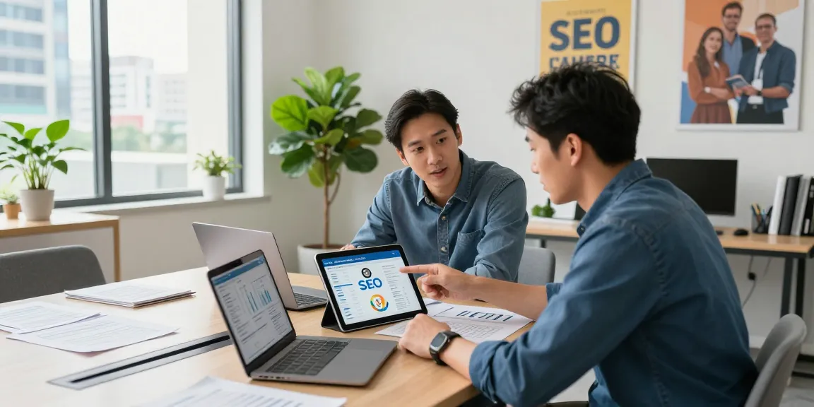 Dynamic office collaboration on local SEO for contractors, with contractors analyzing digital analytics.