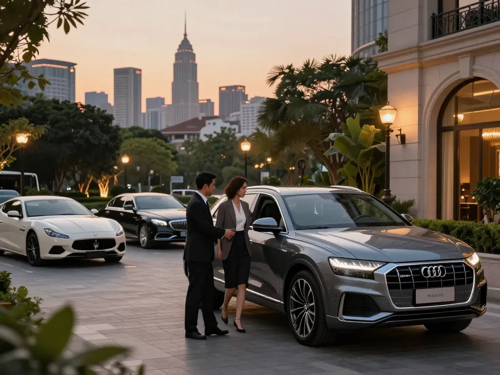 Trải nghiệm cho thuê xe ô tô hạng sang với Audi Q8 thanh lịch và tài xế chuyên nghiệp trong một bối cảnh đô thị cao cấp.