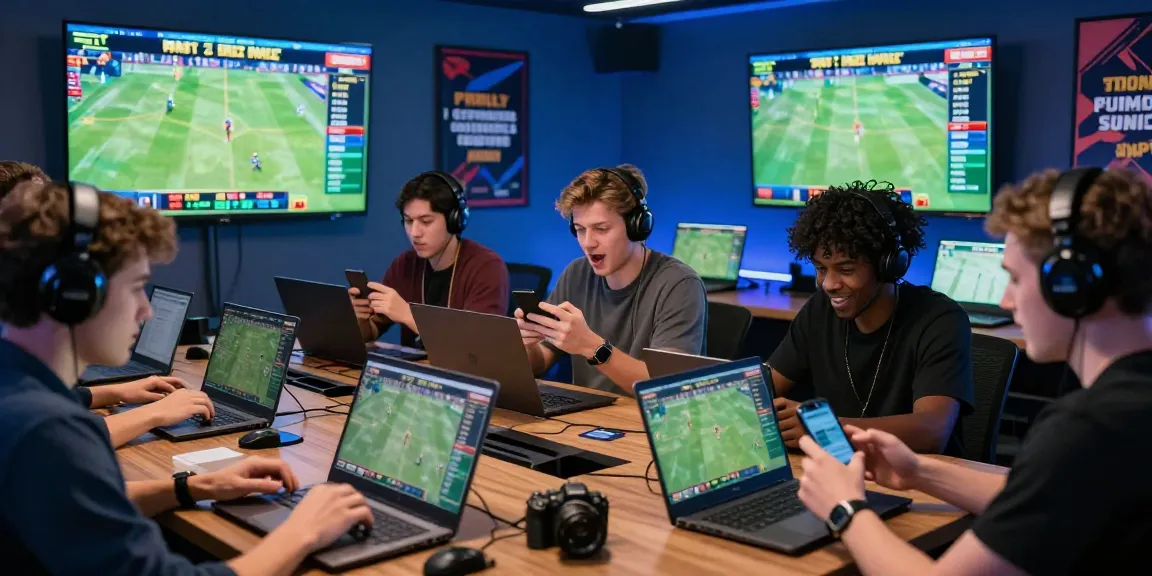 Agen Parlay Idngoal players engaging in online betting in a vibrant workspace.