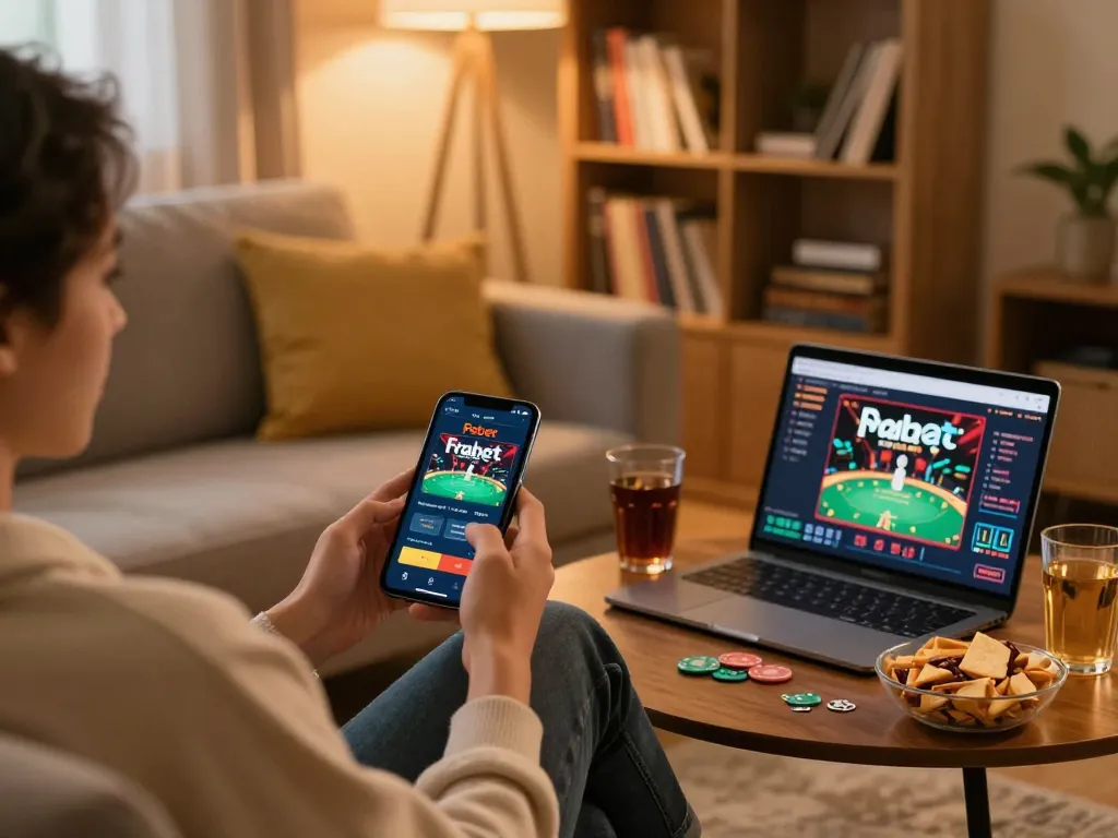 Engaging in strategic gameplay with Fabet's online casino app on a smartphone in a cozy living room.