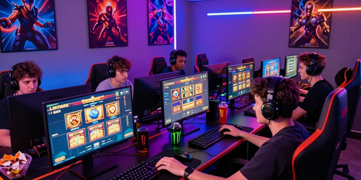 Engaged gamers enjoying deposit pulsa tanpa potongan in a vibrant gaming room with neon lights.