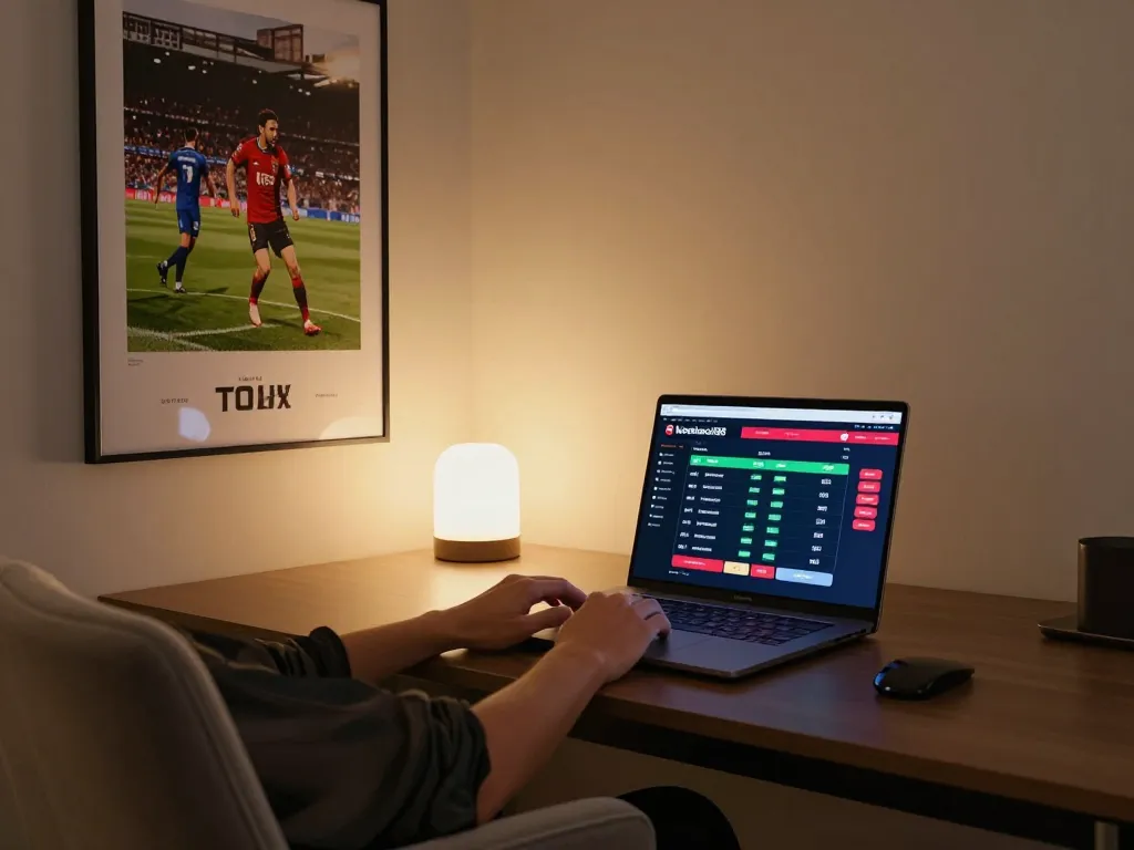 Person engaging in online sports betting using keonhacaii88 platform with a laptop in warm, cozy setting.
