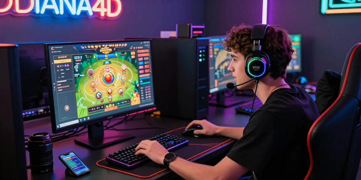 Seorang gamer terfokus memainkan permainan togel online DIANA4D di meja gaming dengan aksesori modern.