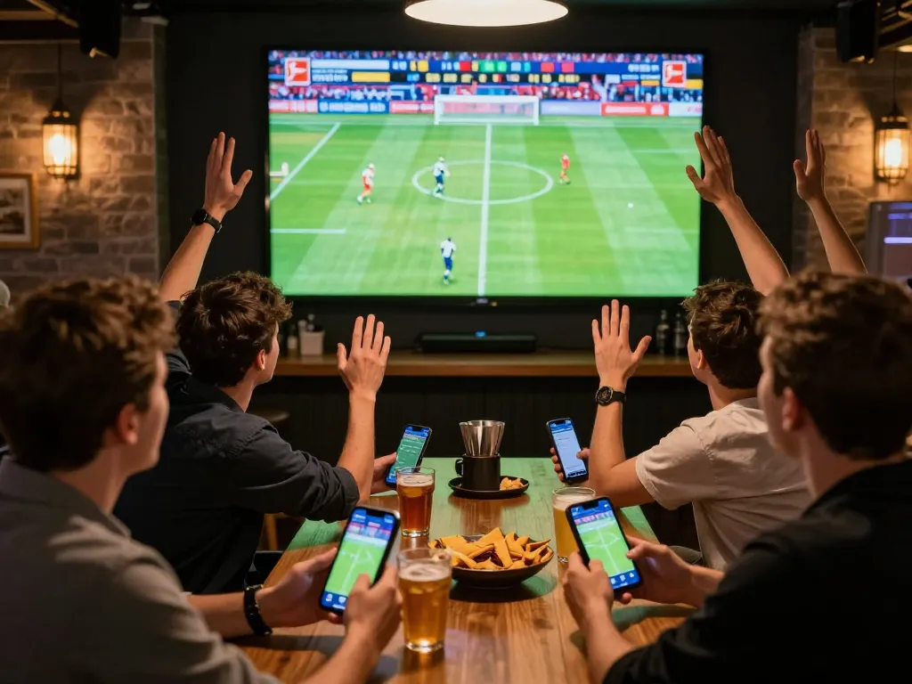 Exciting sports betting at casino go8 with friends celebrating a goal during Bundesliga match.