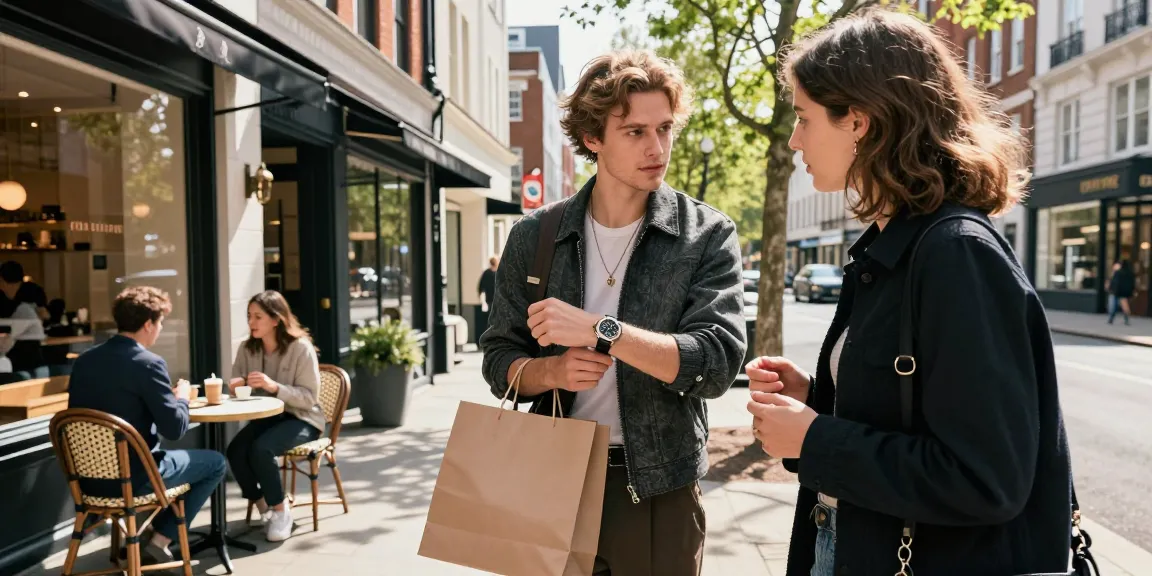 Person showcasing a stylish replica watch while enjoying a day out in a trendy city.
