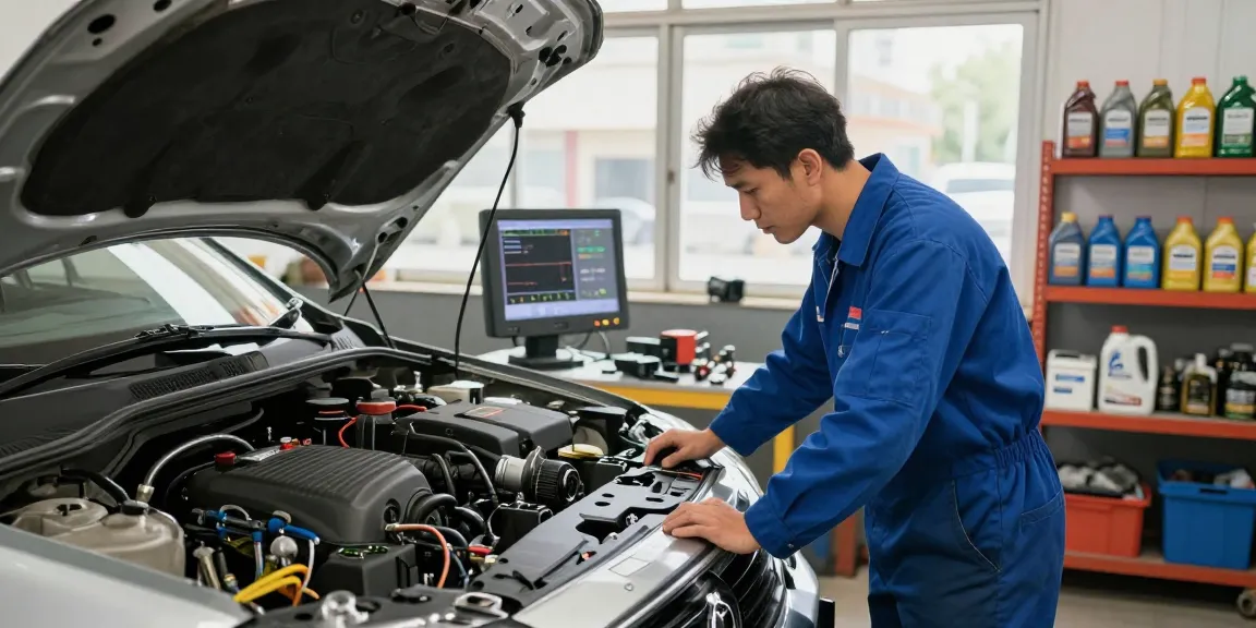 Expert mechanic near me inspecting a car engine in an automotive workshop