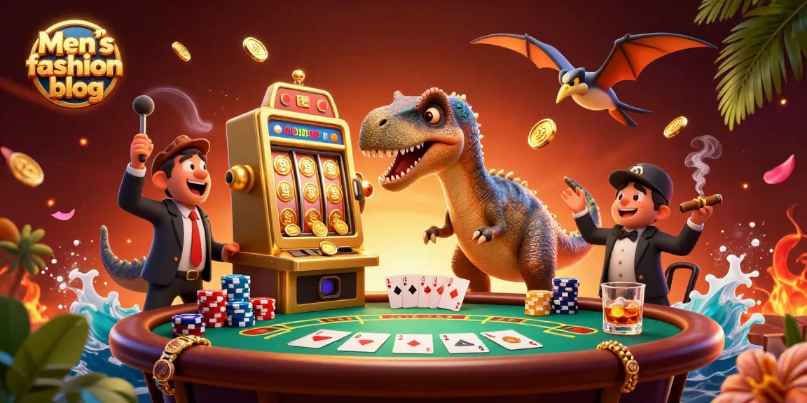 Men’s fashion blog showcases a cartoon dinosaur hitting a jackpot slot machine amidst a vibrant casino scene.