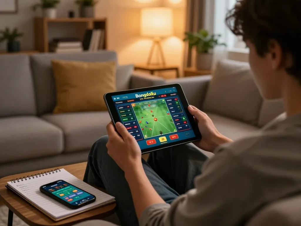 Bongdallu betting interface displayed on tablet as a person engages in online gambling from home.