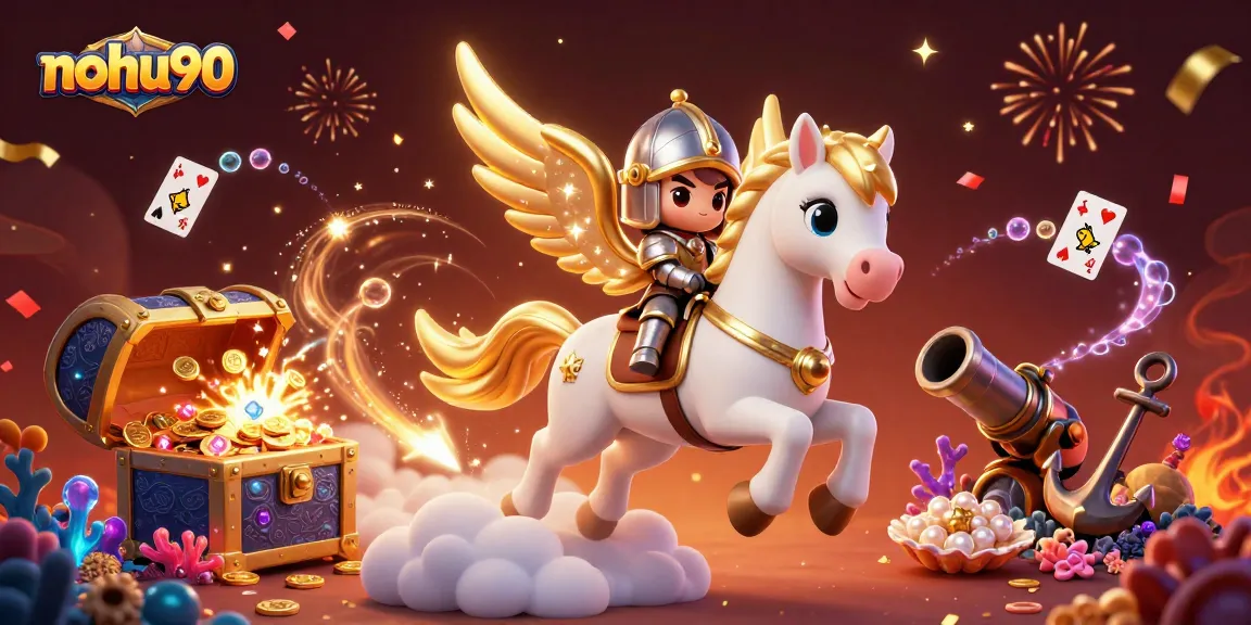 Experience the thrill of nohu90 with cartoon knights and gold treasures in an enchanting casino setting.