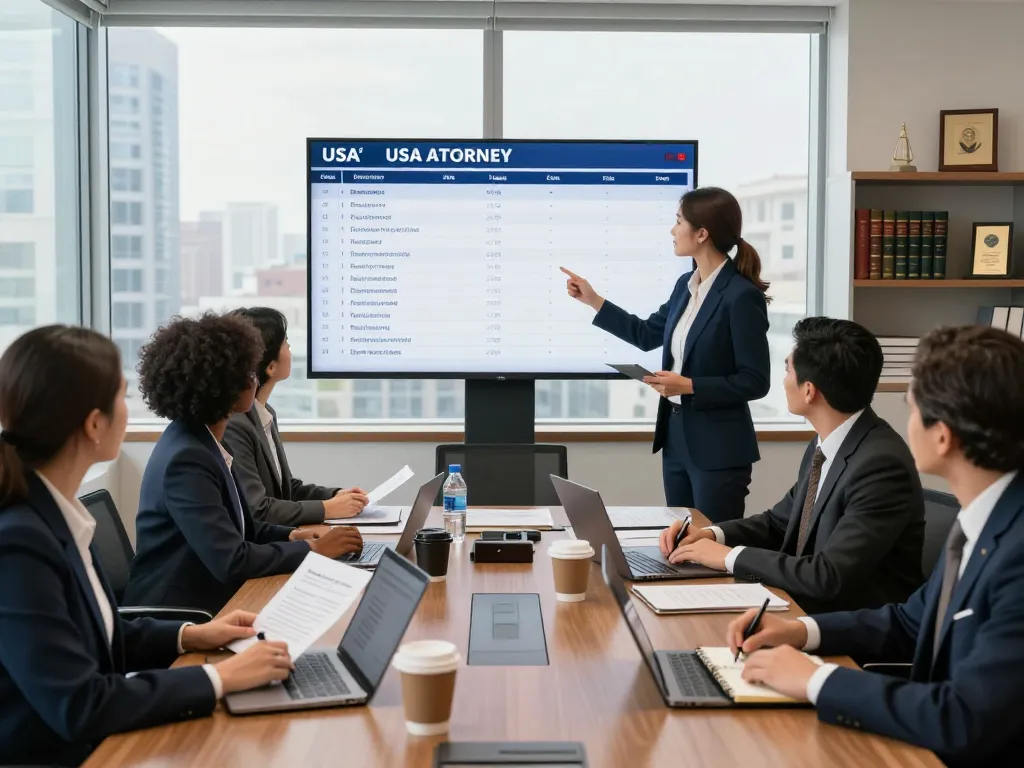 Attorneys collaborating in a modern office with a USA attorney directory displayed on screen.