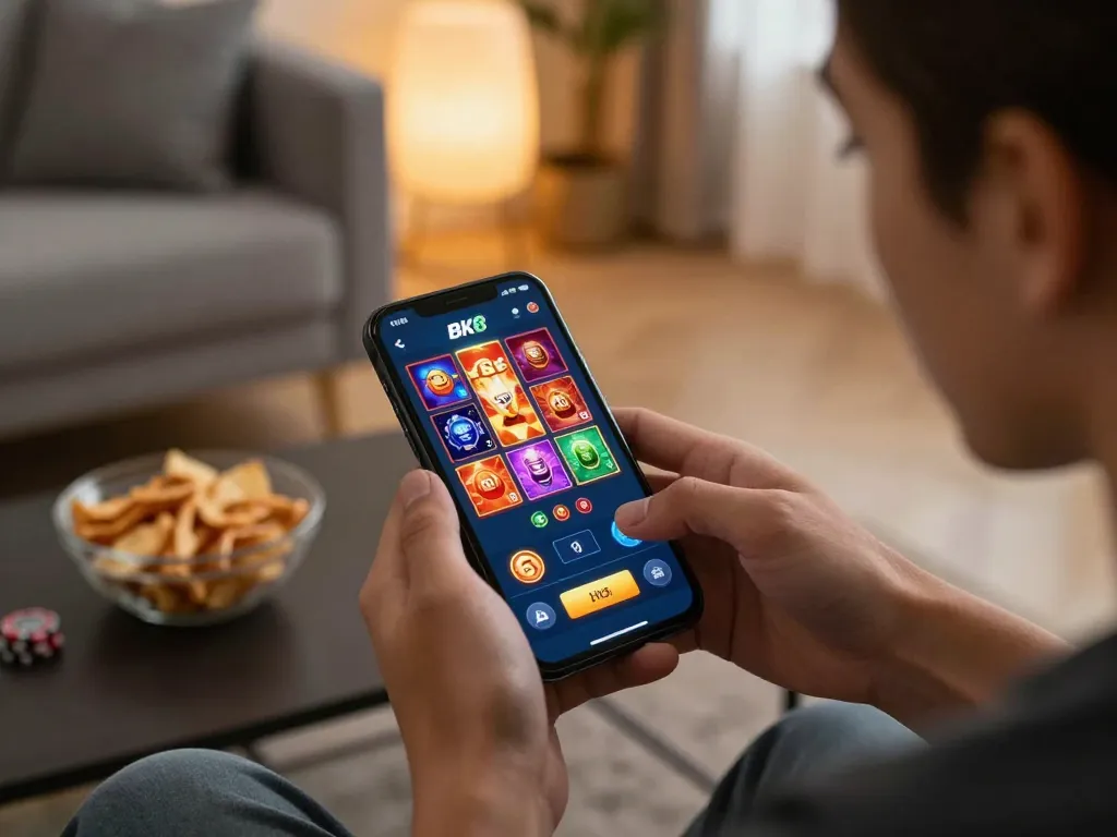 Engaged user playing BK8 mobile casino app showcasing vibrant game interface and relaxed home setting.