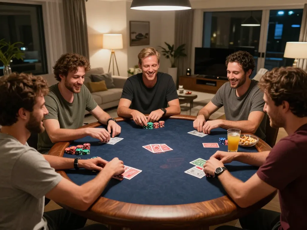 Enjoying a game night with friends at home, playing poker on luongsontv-inspired gaming setup, ensuring a fun and strategic experience.