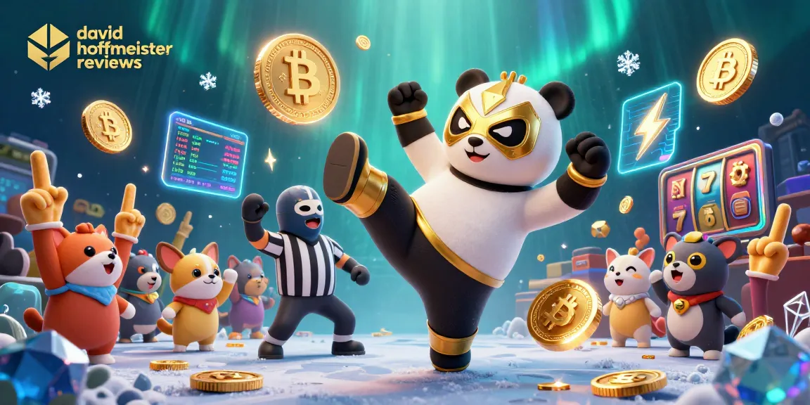david hoffmeister reviews showcase an exciting casino scene with a panda wrestler and luminous crypto elements