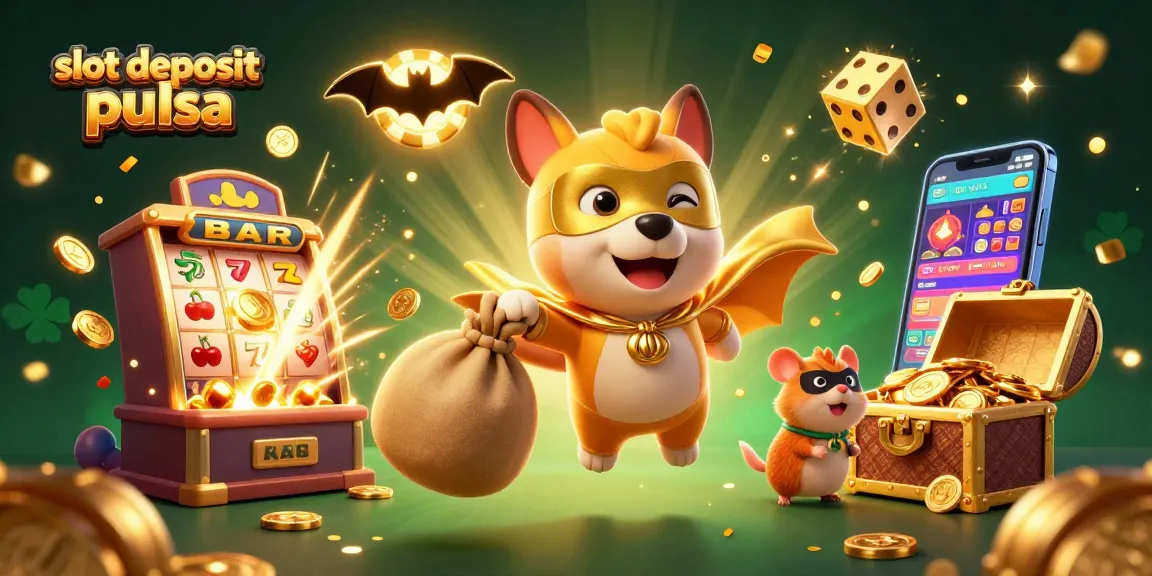 Permainan slot deposit pulsa: ilustrasi kasino 3D penuh dengan karakter, mesin slot, dan harta karun.