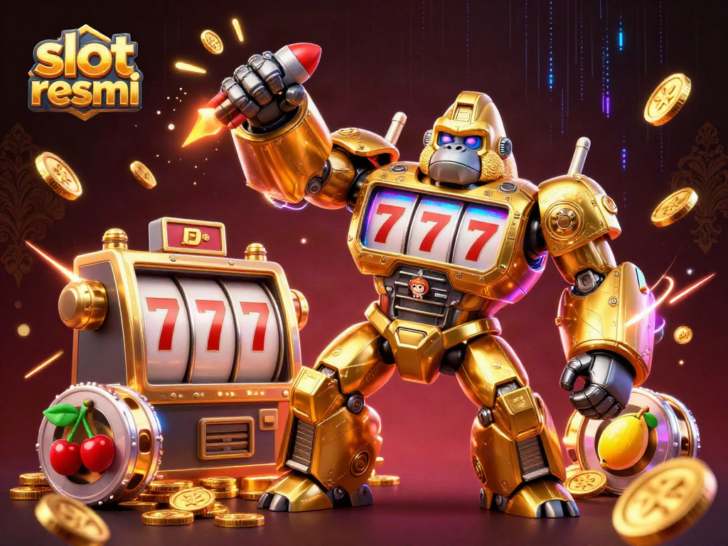 Experience slot resmi excitement with a golden gorilla mech amidst thrilling slot reels!