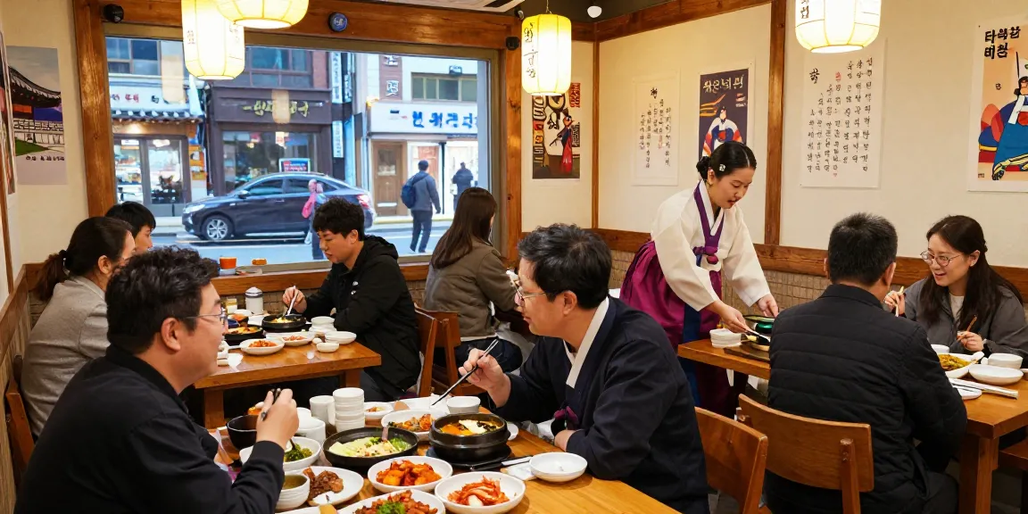 상봉동 한국관 vibrant dining scene with traditional Korean dishes served in a warm atmosphere.