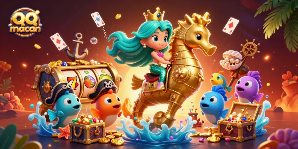 Engage with qqmacan's vibrant underwater casino environment featuring a mermaid and seahorse among treasures and playful elements.