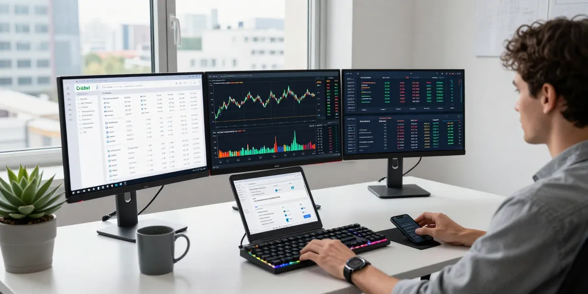 Cricbet cryptocurrency trading workspace showcasing monitors with live trading data, DeFi insights, and security measures for effective investment decisions.