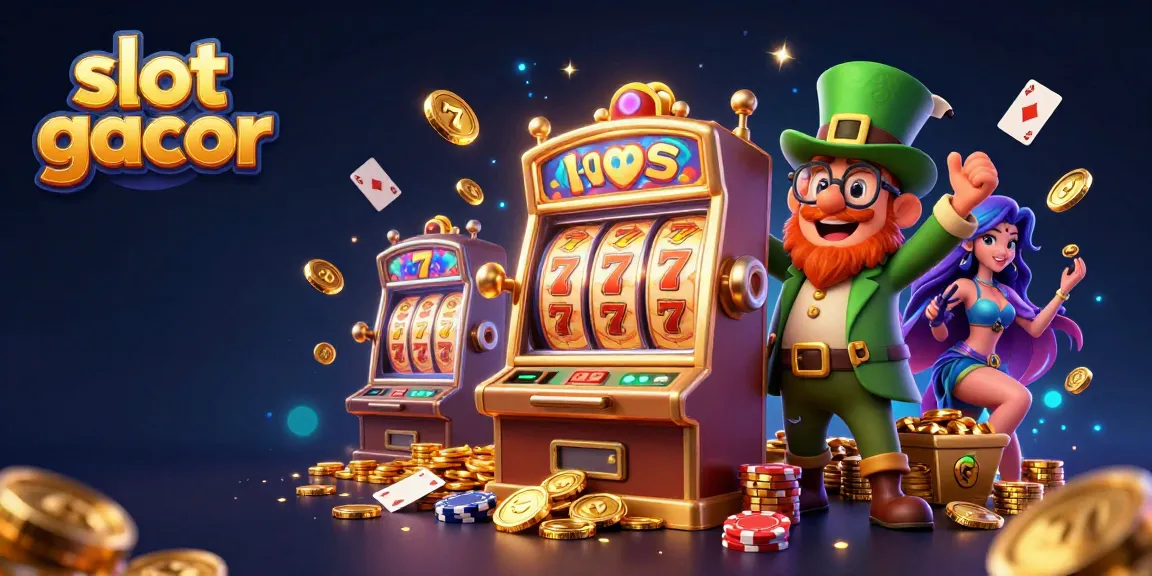Slot gacor menarik pemain dengan mesin slot berkilauan dan tumpukan koin emas.