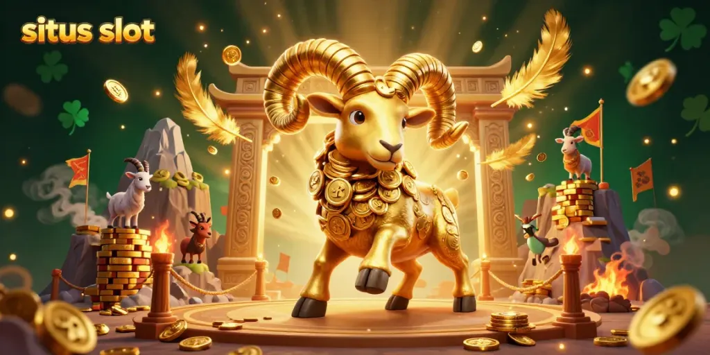 Visualisasikan situs slot dengan ram emas berlari ke arah gerbang, mewakili keberuntungan dalam permainan.
