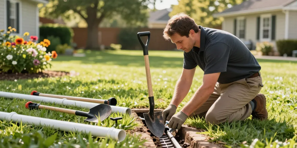 Expert Drainage Services in Aledo, TX, showcasing a technician installing a French drain system in a residential backyard.