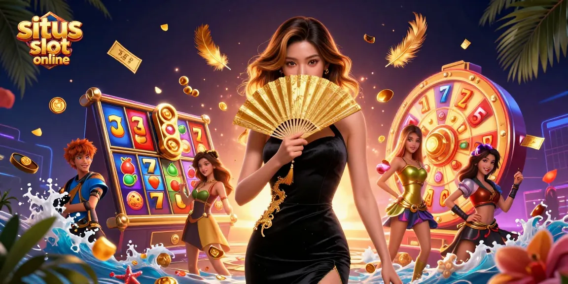 Berinteraksi dengan suasana situs slot online yang berwarna-warni menampilkan gulungan slot dinamis dan seorang wanita Asia yang memikat.