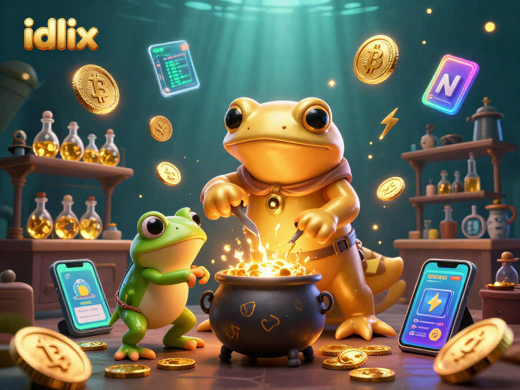 Experience the thrill of idlix as alchemists transform base metals into gold, surrounded by vibrant crypto elements.