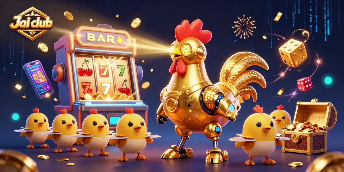 Witness the Jai club excitement with a golden rooster robot and slot machine jackpot scene!