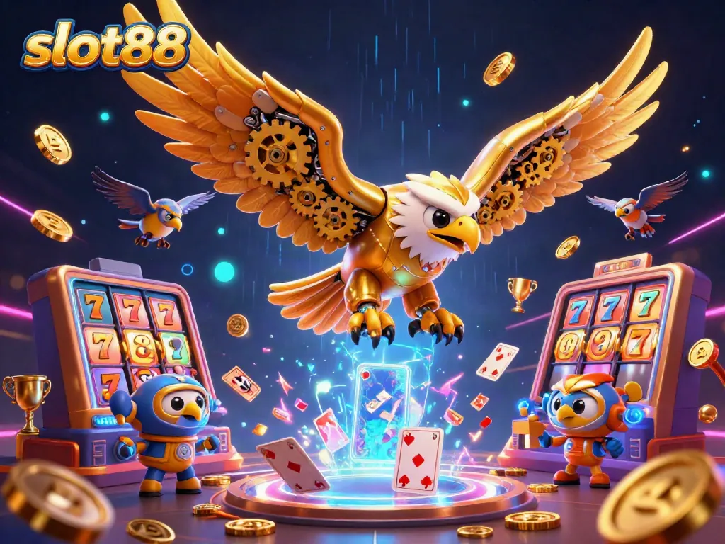 Experience slot88 excitement with a dynamic 3D illustration showcasing a golden eagle amidst swirling slot elements.
