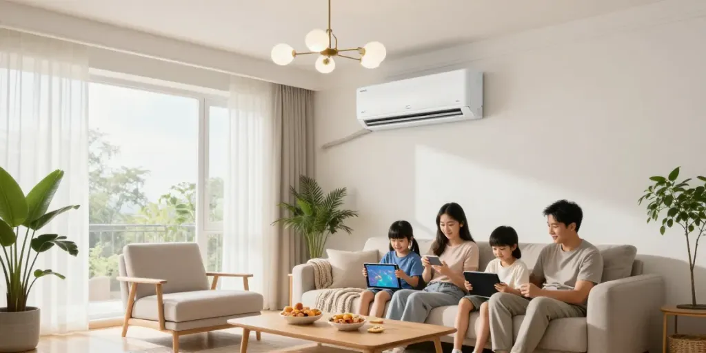 Cozy living room with mini split 18000 btu unit, family movie night, and stylish decor.