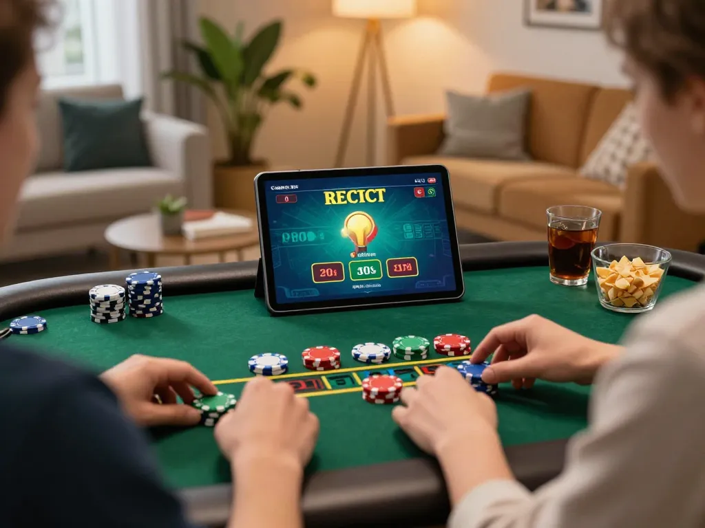 Engaging in responsible online blackjack gameplay with MM88 app on a tablet, showcasing vibrant home gaming setup.