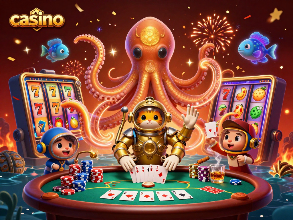 Engage with the vibrant casino scene featuring a kraken, diving cat, and slot elements.