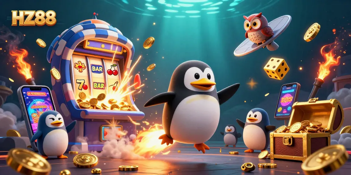 Experience the thrill of HZ88 with a golden penguin blasting through a casino-themed space, filled with exciting gaming elements.